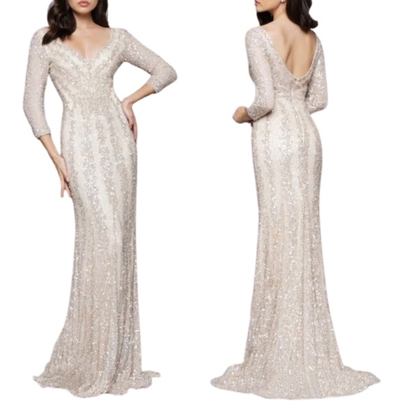 NWT Mac Duggal Three Quarter Sleeve Fully Embellished Gown in Nude Plati… - Picture 1 of 5